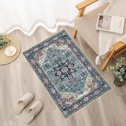 Blue Grey Tribal Oriental Area Rug with Non-Slip Backing