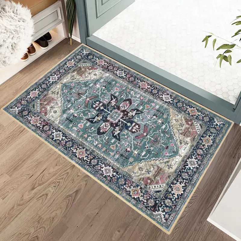 Blue Grey Tribal Oriental Area Rug with Non-Slip Backing