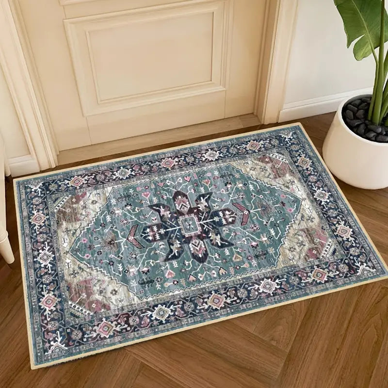 Blue Grey Tribal Oriental Area Rug with Non-Slip Backing