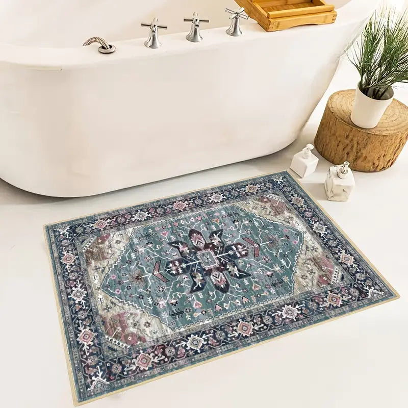 Blue Grey Tribal Oriental Area Rug with Non-Slip Backing